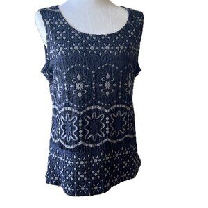 💙Cleo Navy Floral Crochet Lace Tank Top - Size L - Perfect for Spring/Summer!